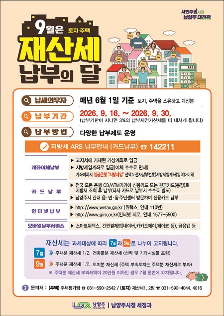 남양주시, “추석 연휴 전 납부하세요” 토지·주택 재산세 1,623억 원 부과